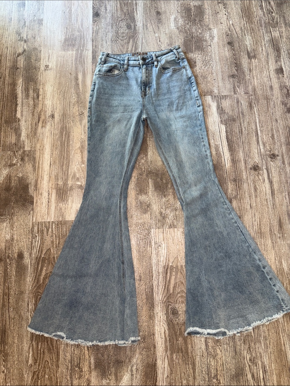Rock & Roll Cowgirl Light Blue Flare Jeans with Raw Hem